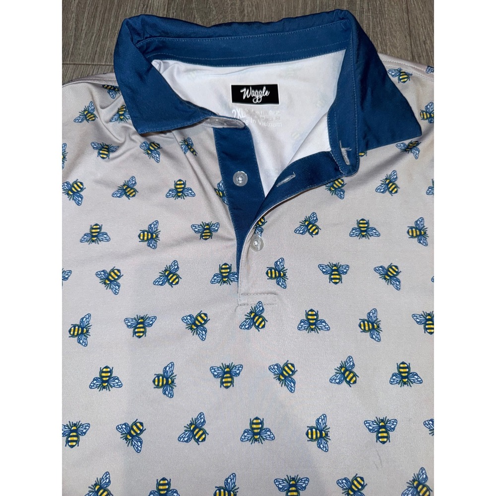 Waggle Golf Polo Mens 2XL Gray Blue Bumble Bee Print Performance Short Sleeve